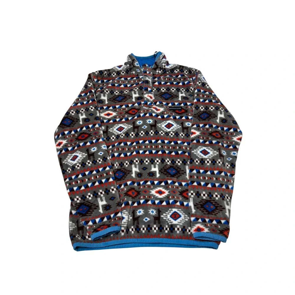 Southern Marsh Aztec Llama Fleece Quarter Zip Pullover Mens Gray Blue Multicolor